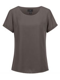 Chocolate braune Damen-Chiffonbluse mit kurzem Arm, fließendem Stoff und modernem T-Shirt-Schnitt für Business und Service
